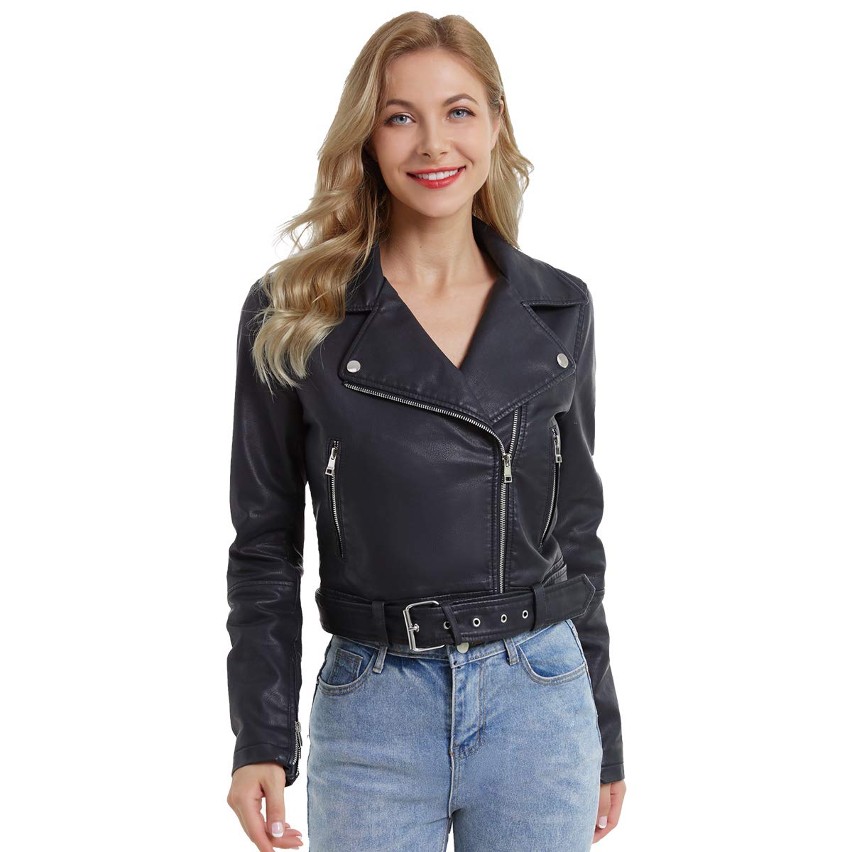 DIASHINY Black Faux Leather Jacket For Women With Belt PU Cropped Moto Biker Coat Motorcycle Crop Short Jacket 036 M