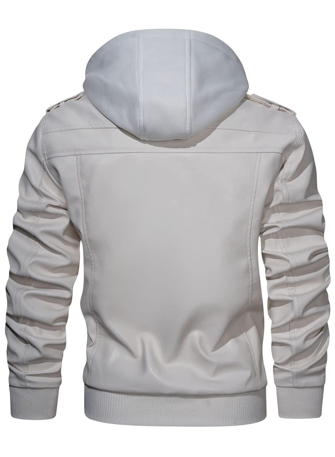 HOOD CREW Men’s Casual Stand Collar PU Faux Leather Zip-Up Motorcycle Bomber Jacket With a Removable Hood White L