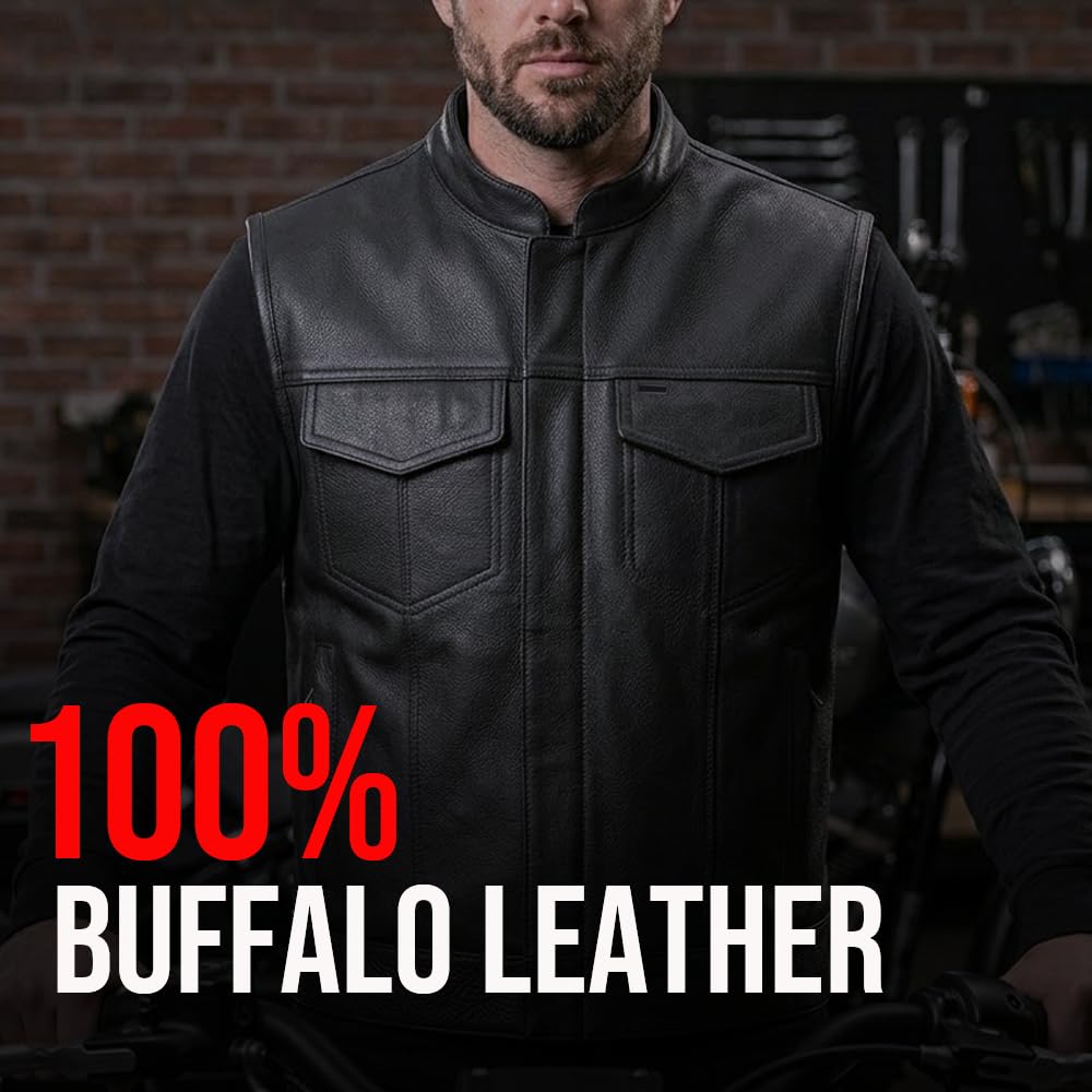 Jackets 4 Bikes Men’s SOA Motorcycle Vest – Premium Buffalo Leather Multiple Pockets Club Style Biker Vest with Metal Zippers Black XL
