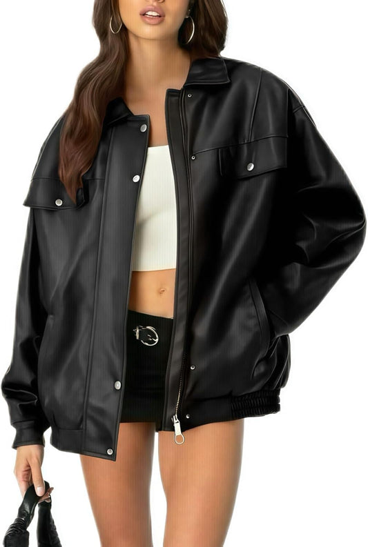 hathne Women's PU Leather Jacket Oversized Vintage Long Sleeve Motorcycle Faux Leather Blazer Jackets(Black-M)