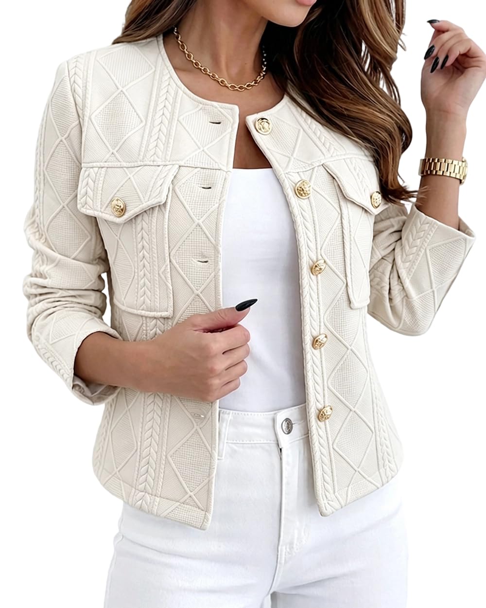 CHICME Womens Bomber Jacket Lightweight Argyle Cable Knit Coat-Beige-Medium