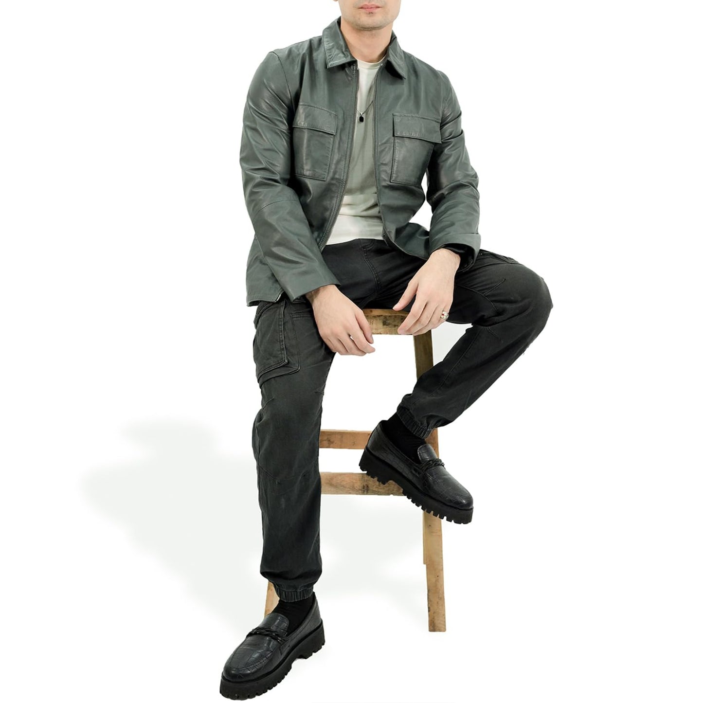 Rauly Trucker Leather Jacket Men Real Lambskin Button Front Shirt Collar Mens Leather Jacket