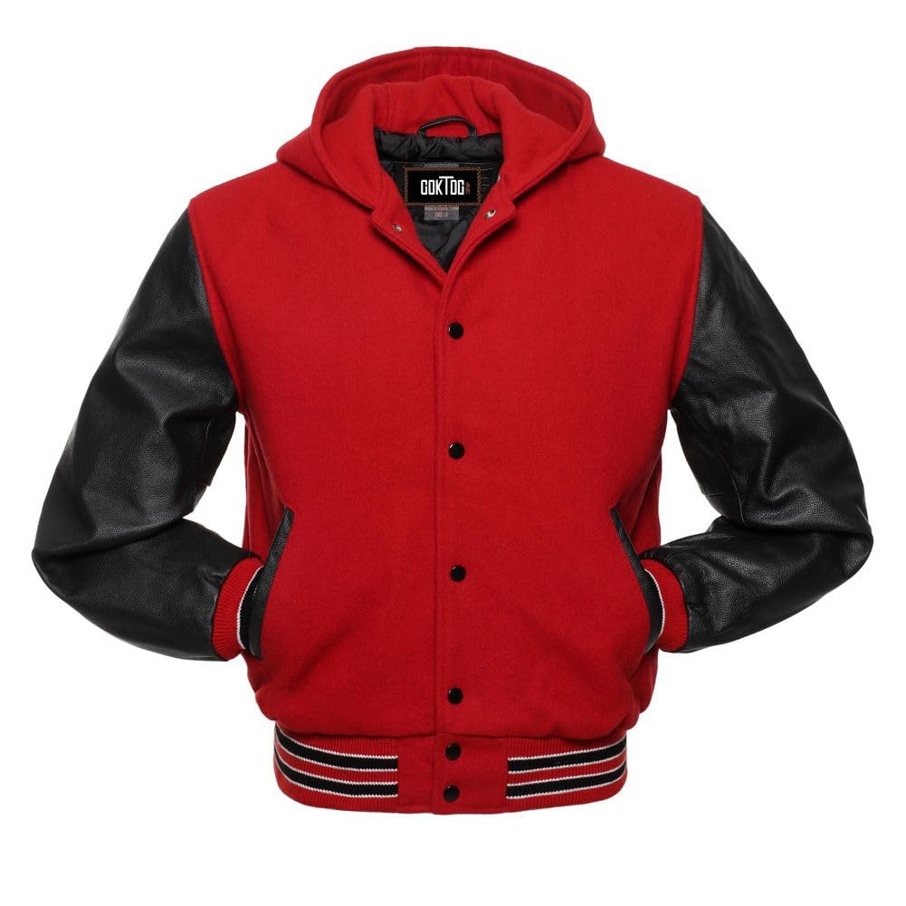 GOKTOG Mens Varsity Jackets Baseball Letterman Wool Body Genuine Leather Sleeves Bomber Jacket with Hood (US, Alpha, Large, Regular, Regular, Red and Black Varsity Jacket Men with Hood)