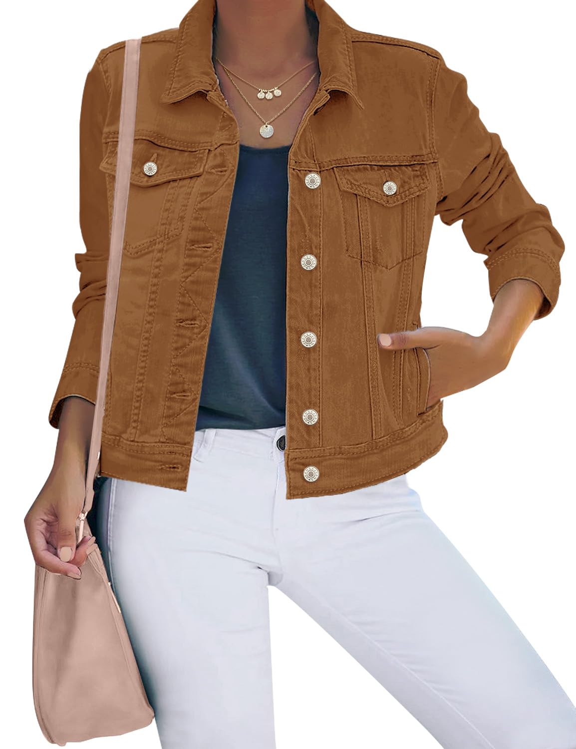 luvamia Women's Classic Casual Long Sleeves Jacket Basic Button Down Brown Trucker Jacket Coat Size Large
