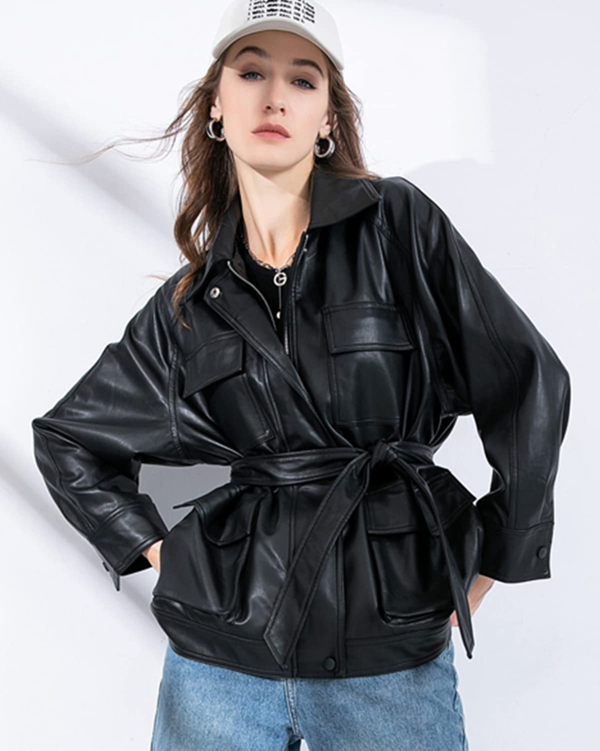 LY VAREY LIN Women Faux Leather Belted Shirt Jacket Lapel Blazer Coat with Bust Pocket