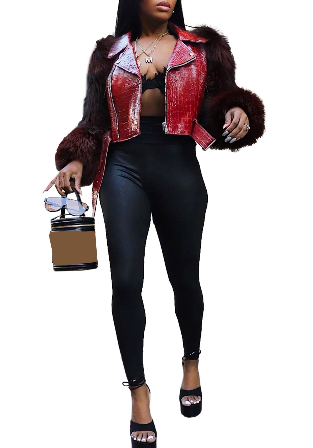 pnahip Faux Fur Leather Jackets for Women Lapel V Neck Long Sleeve Zipper Patchwork Crop Jacket Going Out Outerwear, Red, XL