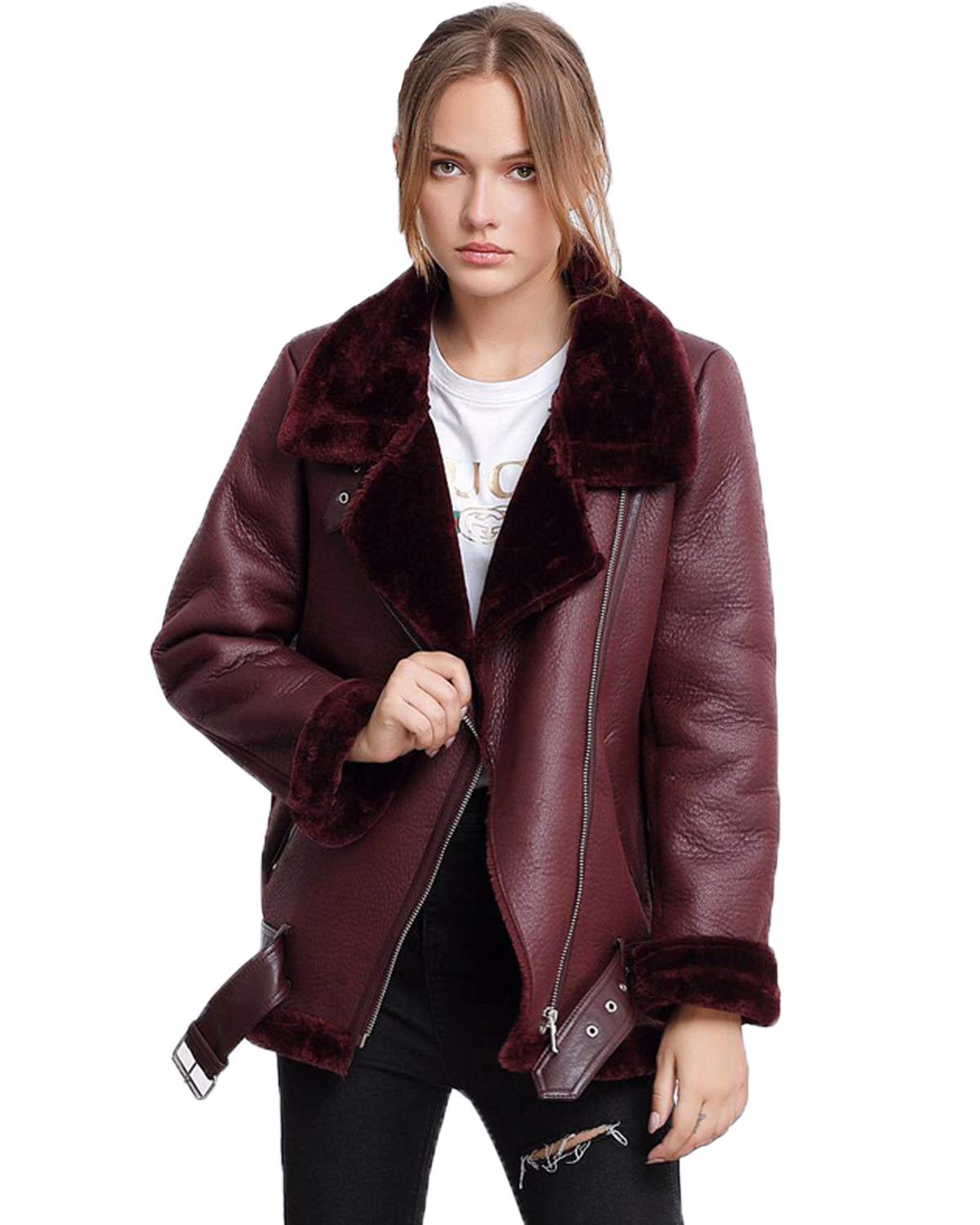 LY VAREY LIN Women's Faux Shearing Moto Jacket Thick Lined Parka Winter Shearling Coat Leather Jacket (XL, Wine Red)