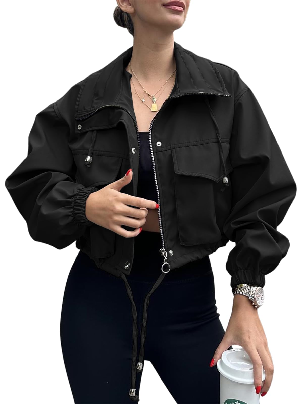 Tankaneo Womens Cropped Jacket Zip Up Lightweight Oversized Utility Anorak Coat with Pockets