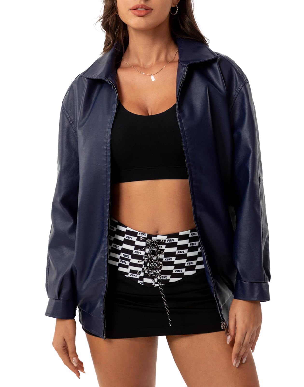 hathne Women's Oversized Leather Jackets Faux Zip Up Fall Fashion Motorcycle Jackets Coats Winter Clothes(Dark Blue,S)