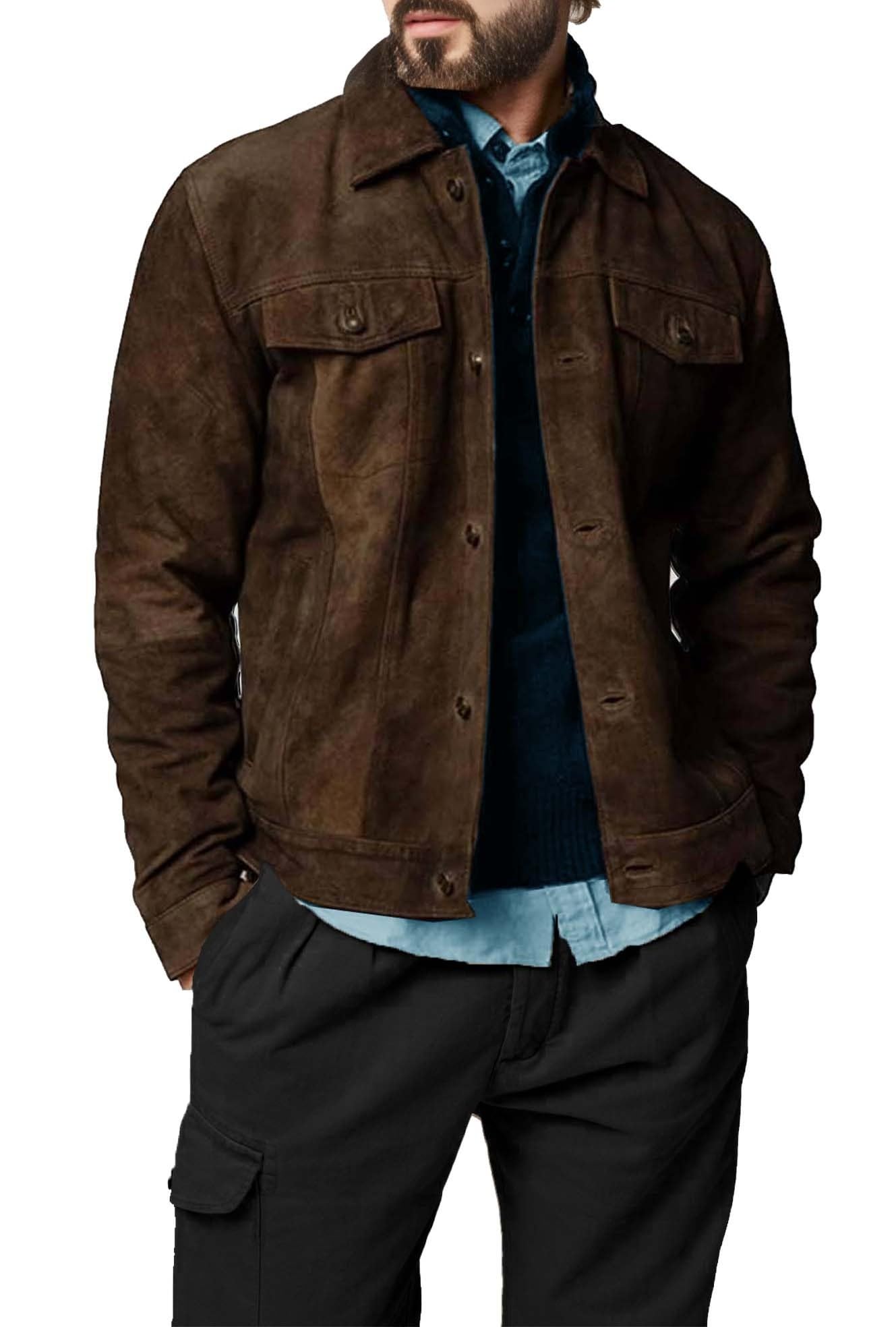 Premium Vintage Trucker Suede Leather Jacket Men Genuine Lambskin Men Leather Jackets Shirt Collar Jackets For Mens (US, Alpha, XX-Large, Regular, Regular, Dark Brown Suede Leather)