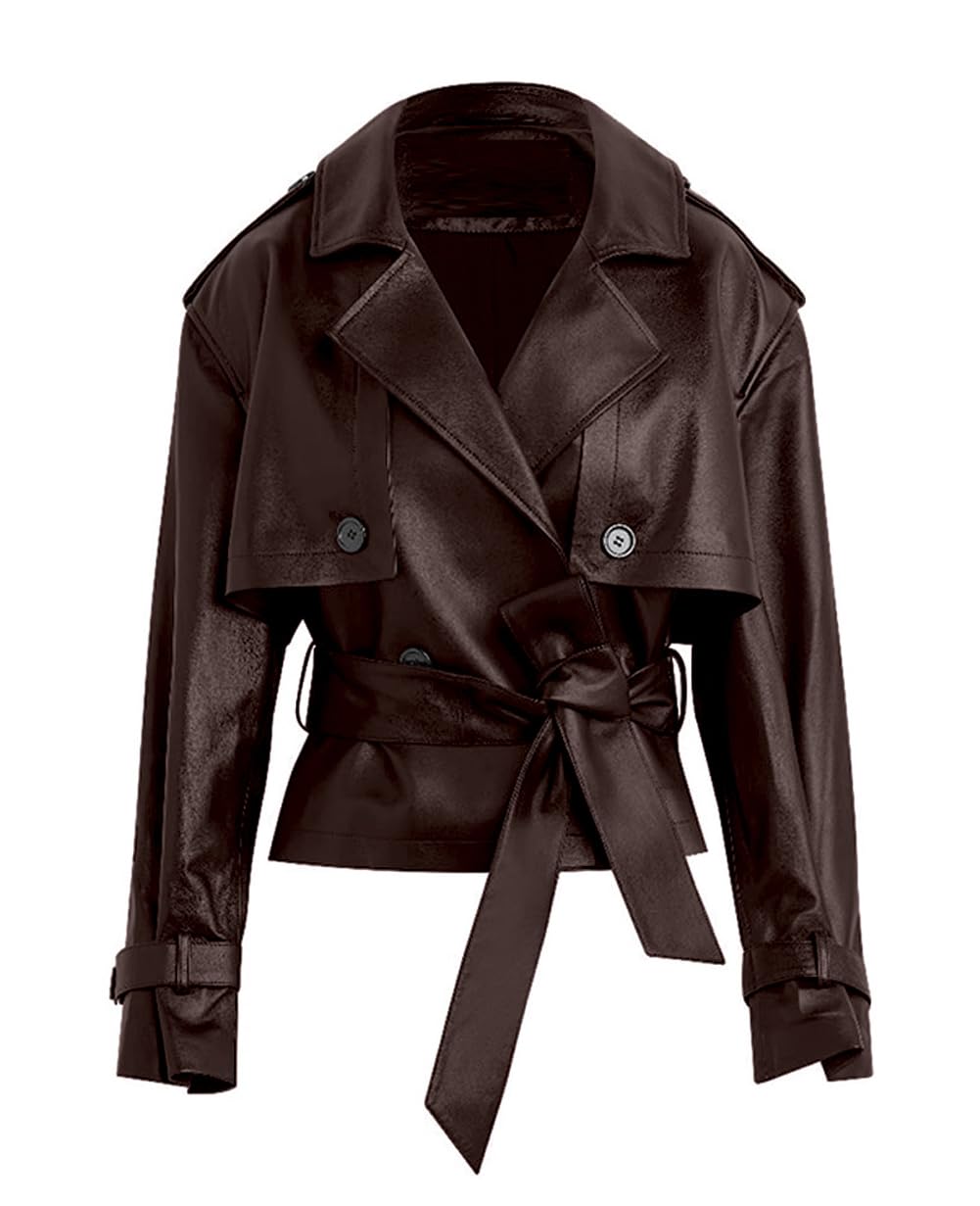 chouyatou Women's Fall Belted Faux Leather Jacket Modo Business Casual Faux Leather Short Trench Coat (X-Large, Brown)
