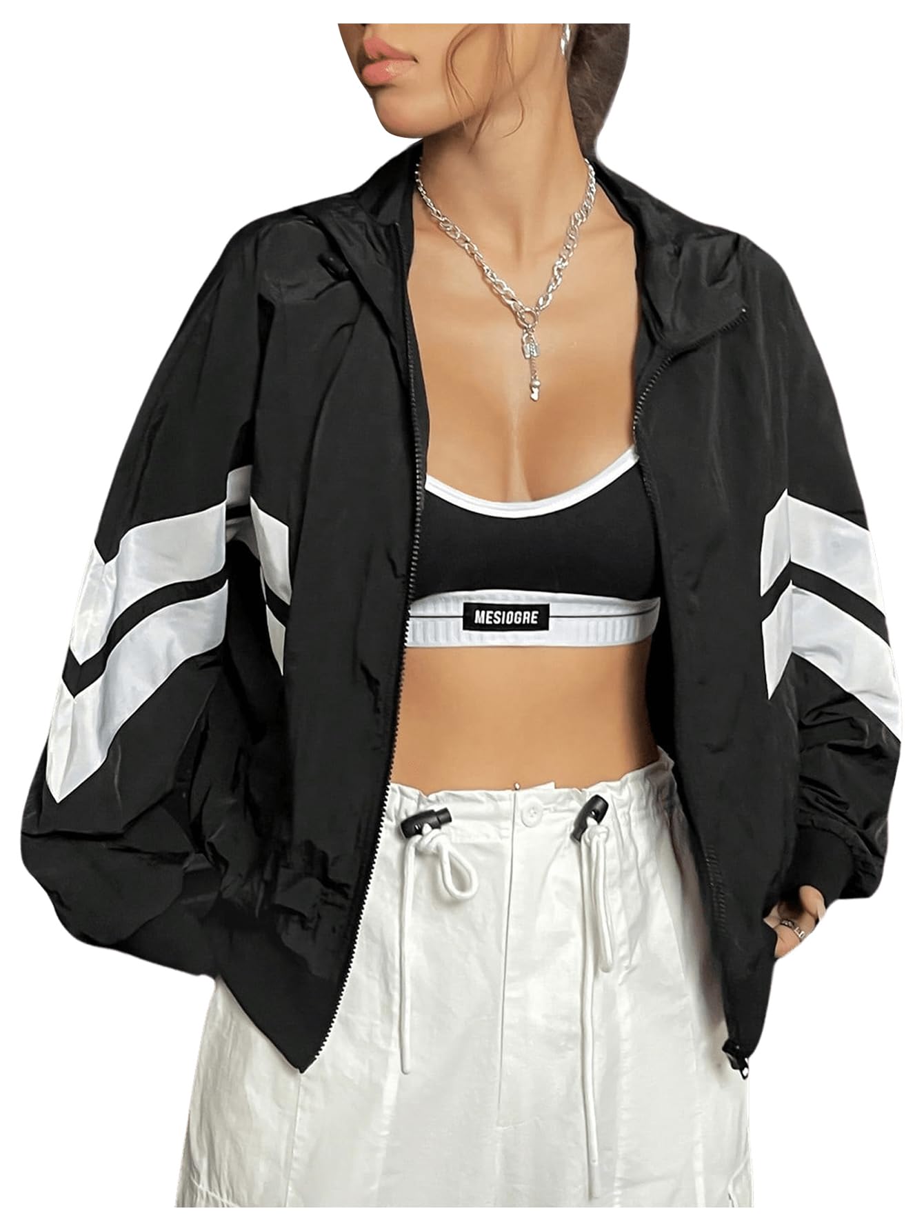 Verdusa Women's Color Block Zip Up Hooded Jacket Outerwear Loose Windbreaker Jackets Black Small