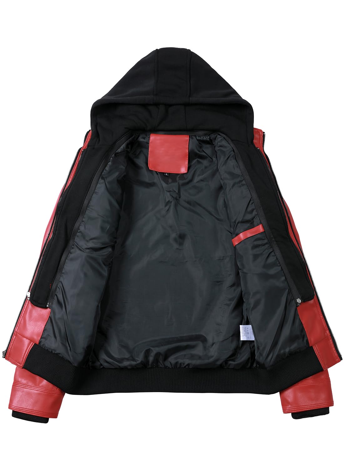 HOOD CREW Men Faux Leather Jacket with Detachable Hood Casual Motorcycle Bomber Jackets Outerwear Red L