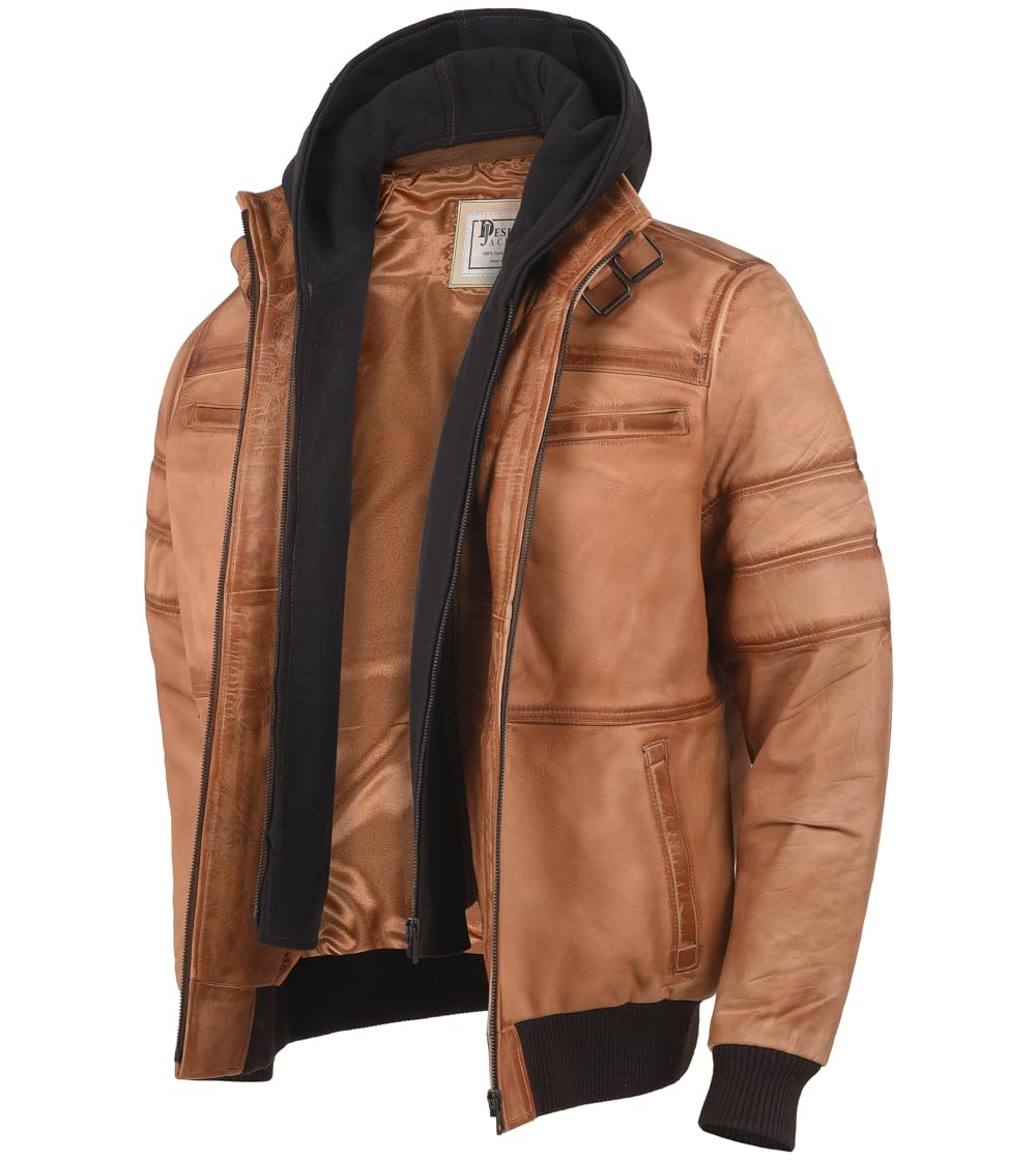 Mens Genuine Black Hooded Bomber Leather Jacket Real Lambskin Waxed Beige Leather Jackets for Men with Removable Hood (US, Alpha, Medium, Regular, Regular, Beige)
