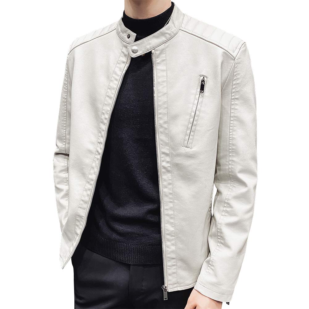 Womleys Mens Casual Stand Collar Slim Fit Faux Leather Jacket Biker Motorcycle Jacket (Ivory, X-Large)