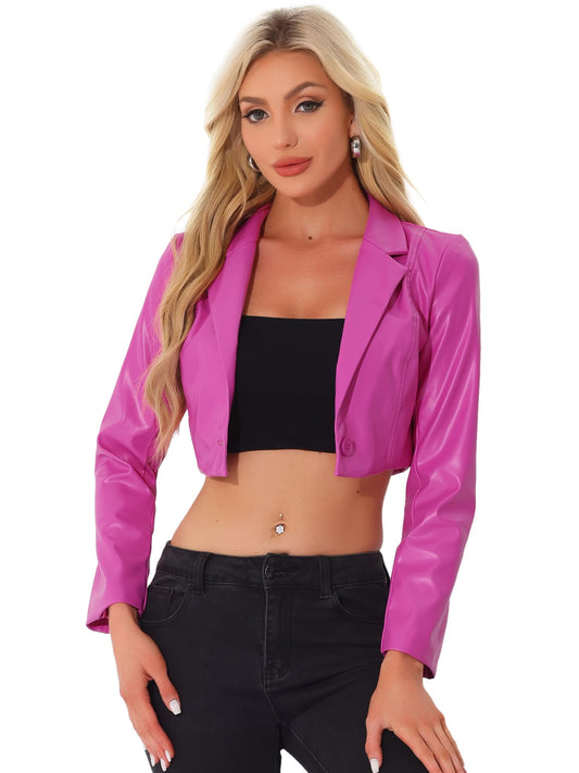Allegra K Cropped Leather Jacket for Women's Concert PU Motorcycle Jacket Small Hot Pink