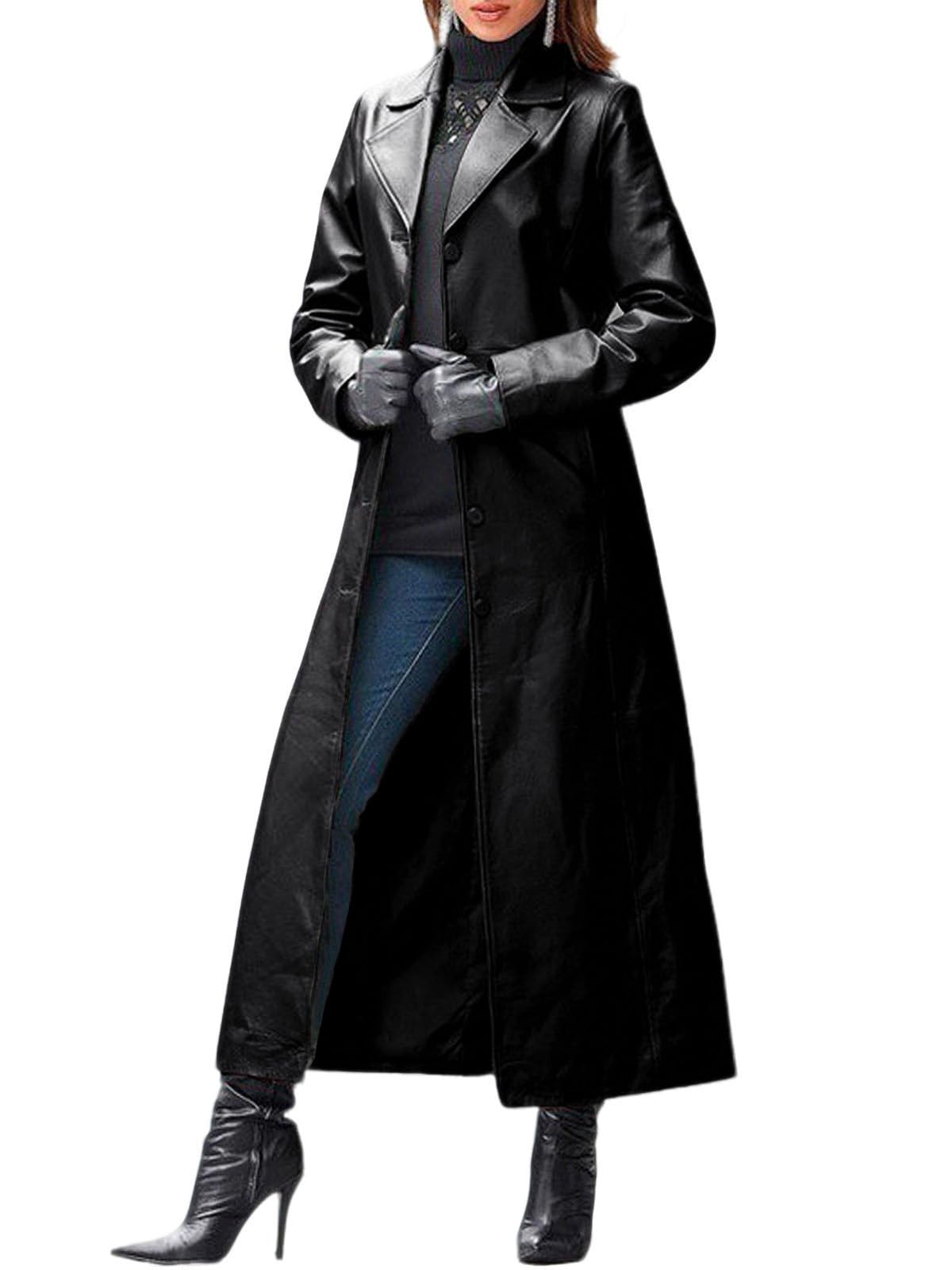 utcoco Womens Faux Leather Trench Coat Classic Lapel Button Down Maxi Jacket 2025 Stylish Overcoat (X-Large, Black)