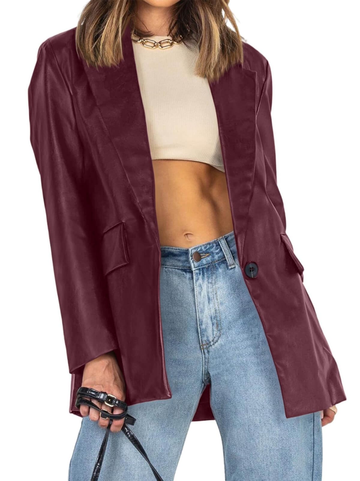 Pepochic Womens Oversized Leather Jacket Long Sleeve Faux Leather Blazer Lapel Button Down Leather Shacket Coat with Pockets Burgundy Red, Medium