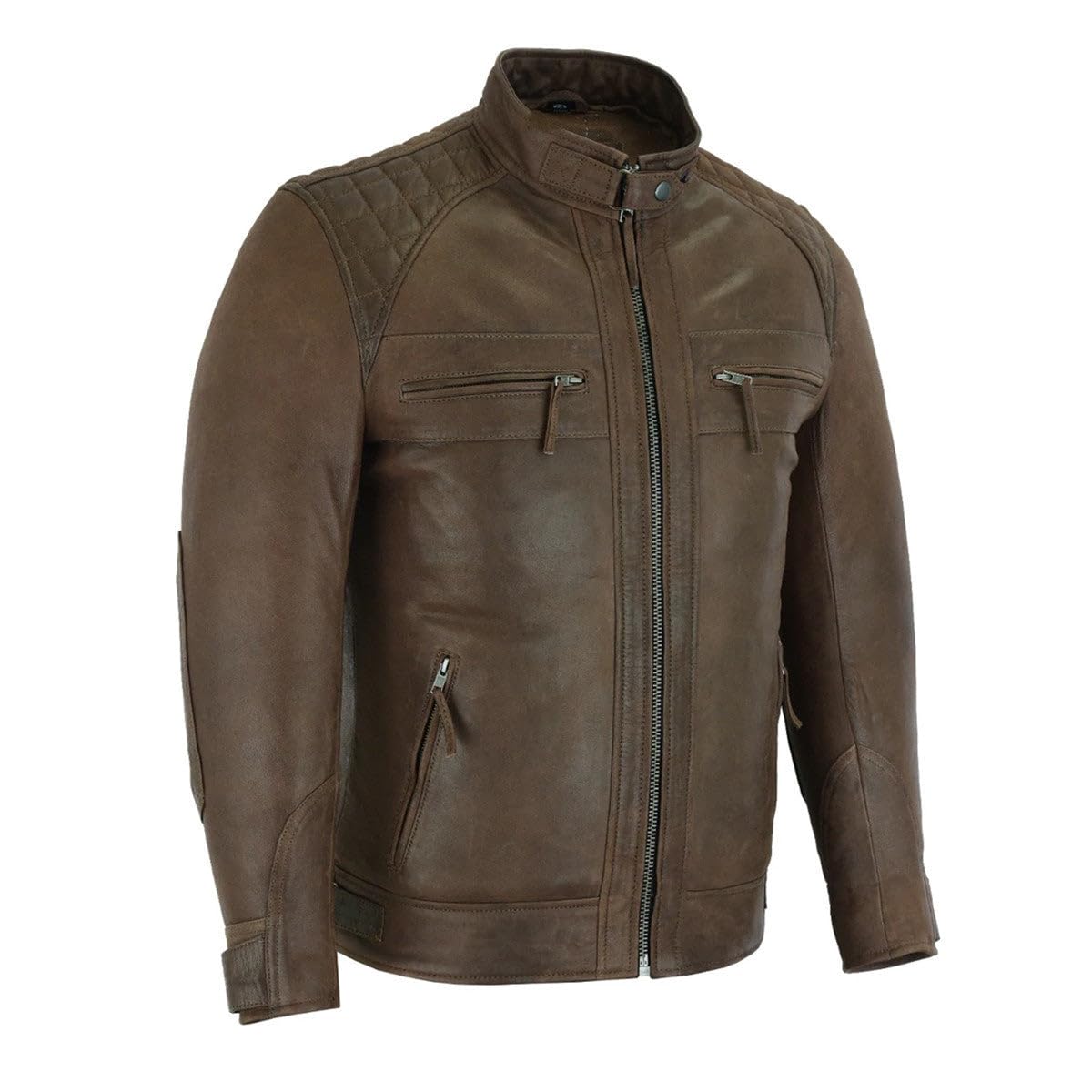 Vance Leather' Men's Cafe Racer Waxed Lambskin Chocolate Brown Motorcycle Leather Jacket (M, Chocolate Brown)