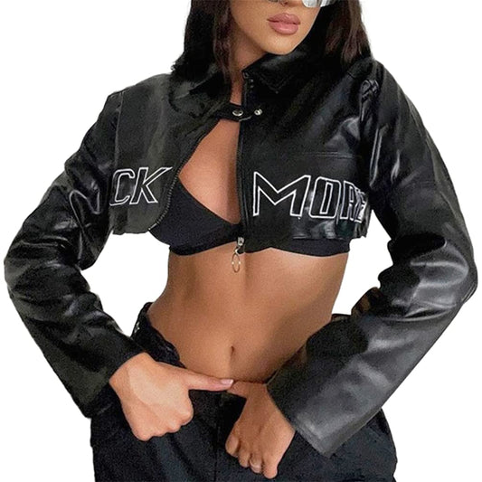 Sup-Coente Goth Leather Crop Top Jacket For Women Gothic Punk Short Cropped Black Motorcycle Biker Moto Jacket Zip Up