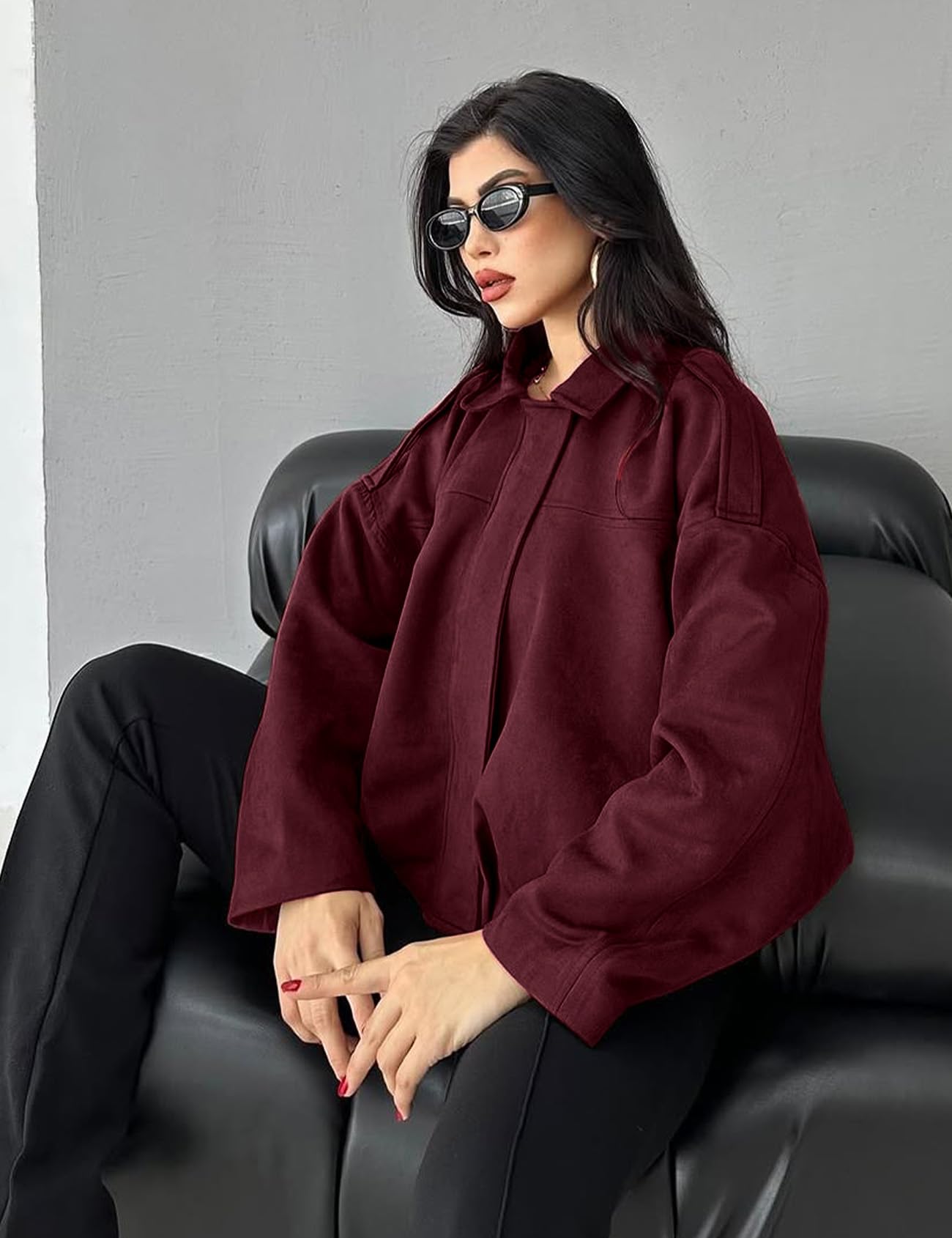 Kissonic Women's Oversized Jackets Faux Suede Bomber Jacket Lapel Pilot Cropped Casual Coat for Streetwear Outerwear(WineRed-L)