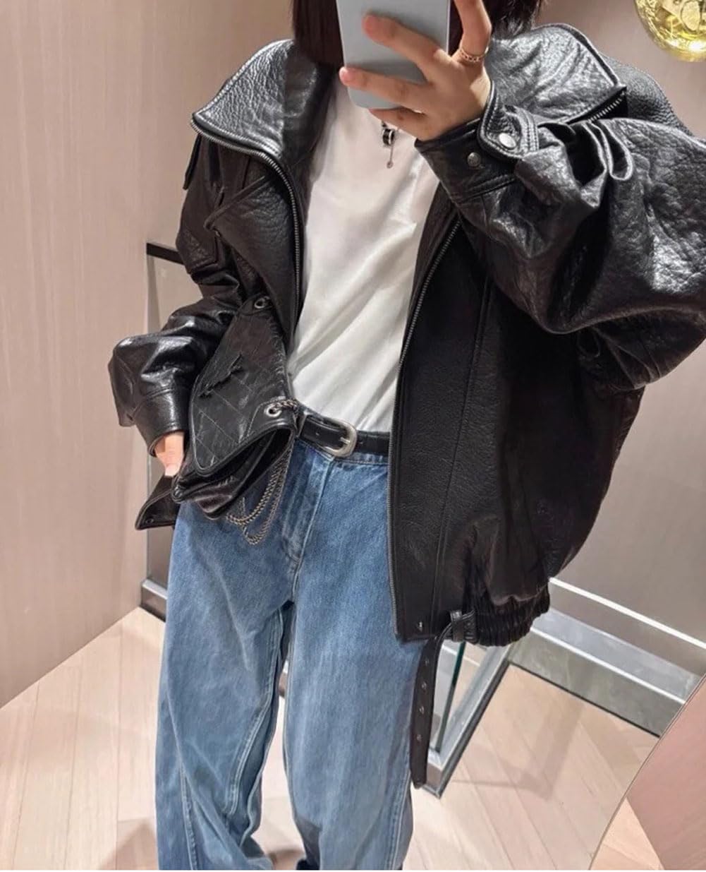 utcoco Women's Oversized Faux Leather Jacket Vintage Large Collar Belted Waist Moto Biker Jacket Casual Outwear (Medium, Black)