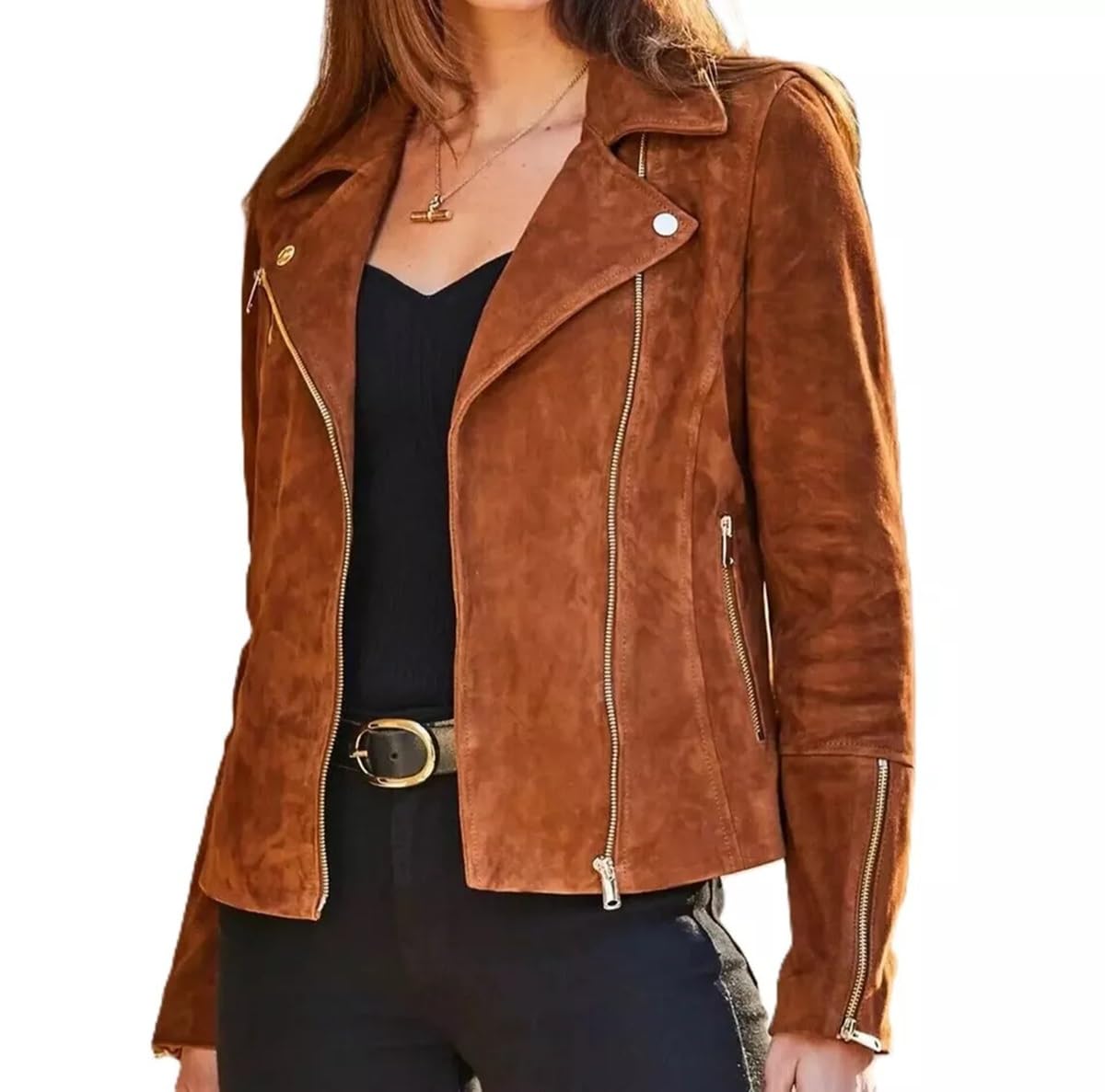KOLAR CLUB Womens suede Leather Jacket - Lambskin Cafe Racer Style Black - Brown suede Leather Jacket For Women (US, Alpha, X-Large, Regular, Regular, Brown - Suede Leather)