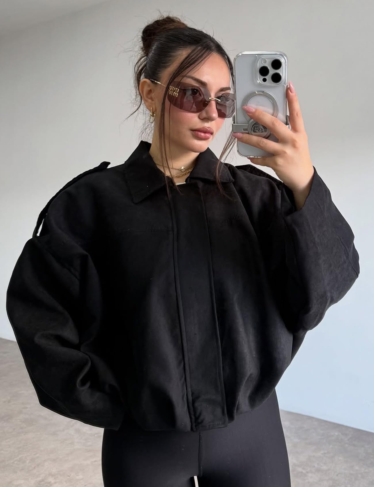 Kissonic Women's Oversized Jackets Faux Suede Bomber Jacket Lapel Pilot Cropped Casual Coat for Streetwear Outerwear(Black-L)