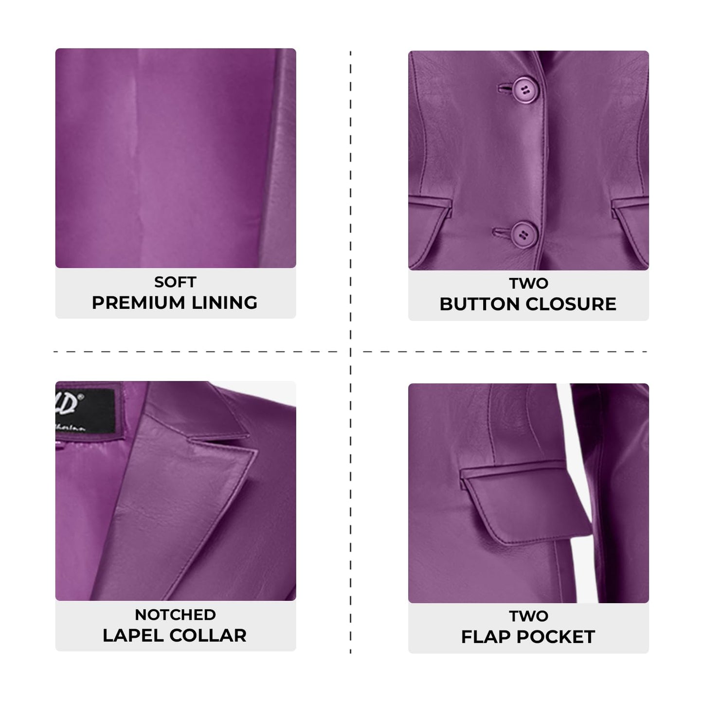 Jild Classic 2-Button Lambskin Leather Blazer Women - Casual Coat Long Sleeves Suit Style Leather Jacket Women (LC-Purple-L)