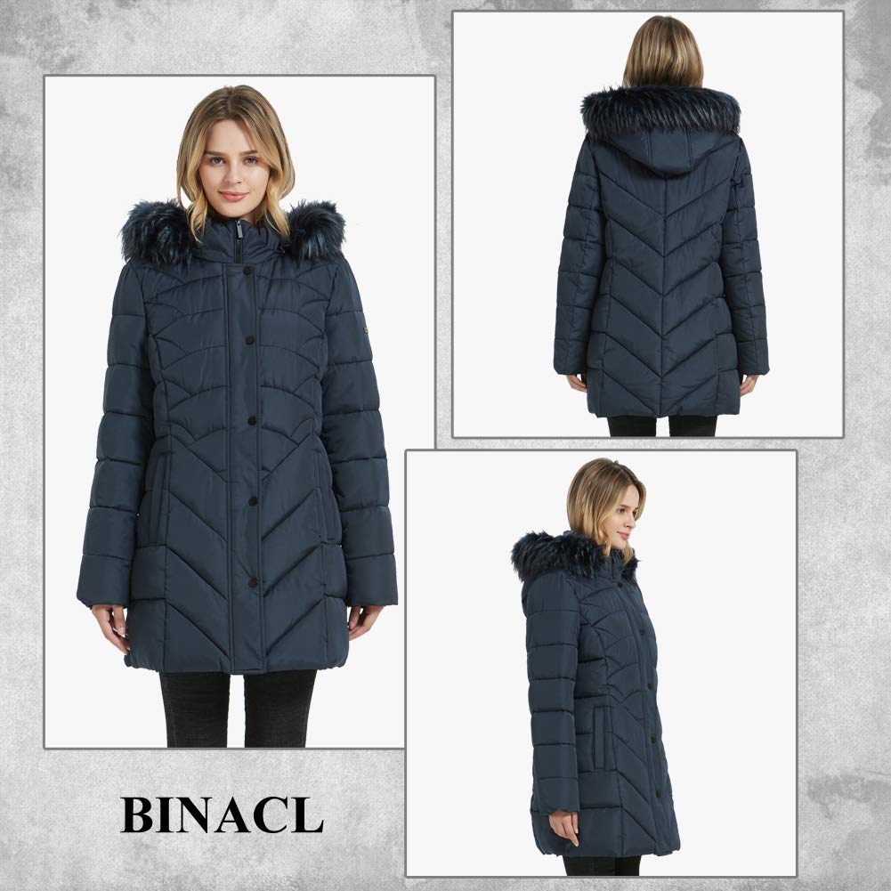 BINACL Women's Snow Winter Hooded Coat with Fur Hood, Beloved Long Sleeve Down Alternative Cotton Hunting Expedition Thickened Workout Traniing 100% polyester Single Button Military Jacket(Navy,S)