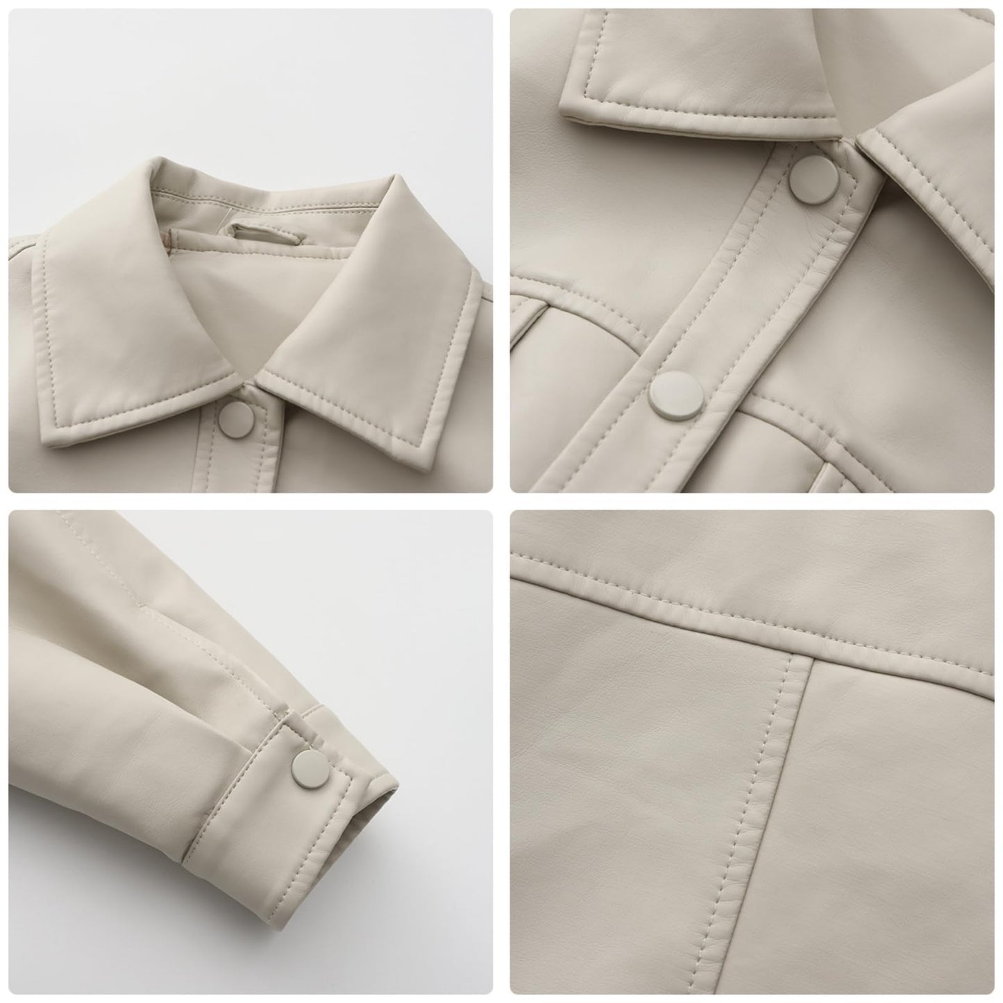 Women's Faux Leather Jacket Classic Button-Down Style, Cropped Length with Front Pockets PU Moto Bike Outwear Coat (US, Alpha, Small, Regular, Regular, White)
