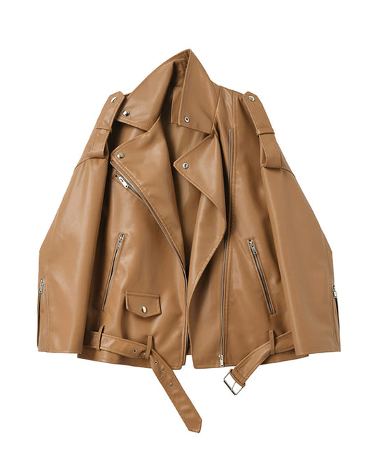 LY VAREY LIN Women Faux Leather Jacket Lapel Collar Motorcycle Zip Up Long Sleeve Motor Biker Short Coat Jacket (2123Brown, L)
