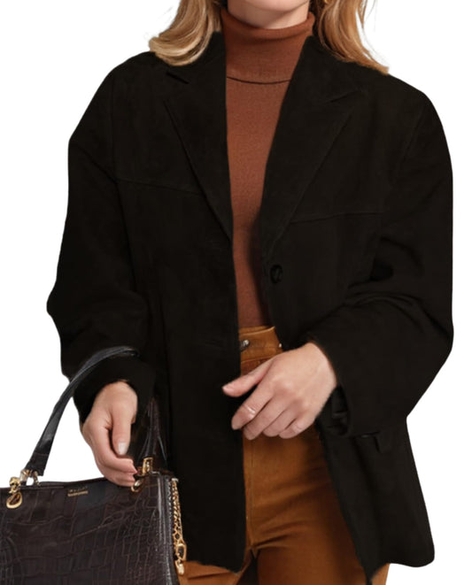 LIZALIG Chic Oversized Leather Jacket Women Brown Leather and Soft Suede Combo for Layering and Casual Outings