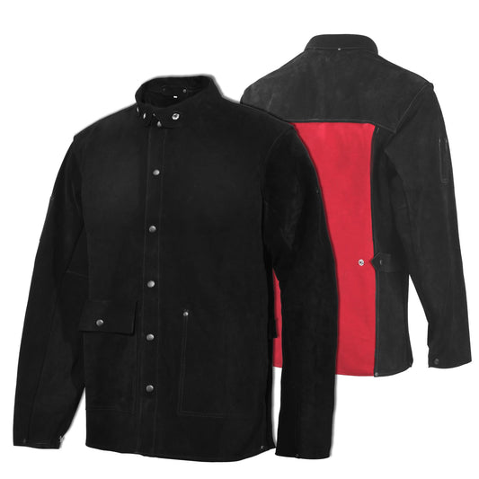 QeeLink Leather Welding Jacket - Heat & Flame-Resistant Heavy Duty Split Cowhide Leather FR Work Safety Jacket, Large, Black