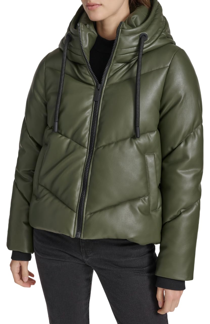 Andrew Marc Women's Super Puffer Jacket, Olive Faux Leather, Small