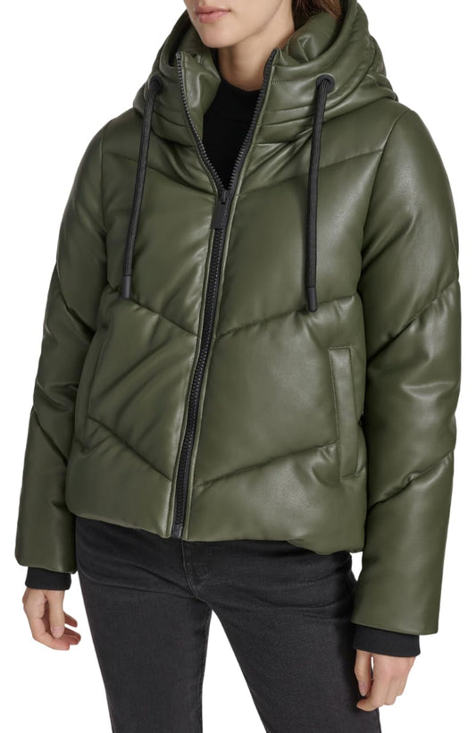 Andrew Marc Women's Super Puffer Jacket, Olive Faux Leather, Small