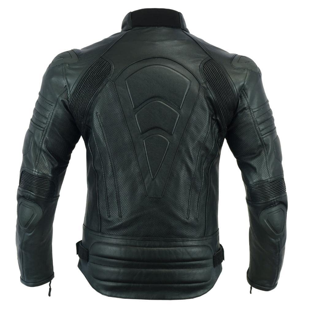 INTAN Safety with Style Mens Motorcycle Perforated leather (Natural Grain) armoured Stylish Black Leather Jacket 003BP (Medium)