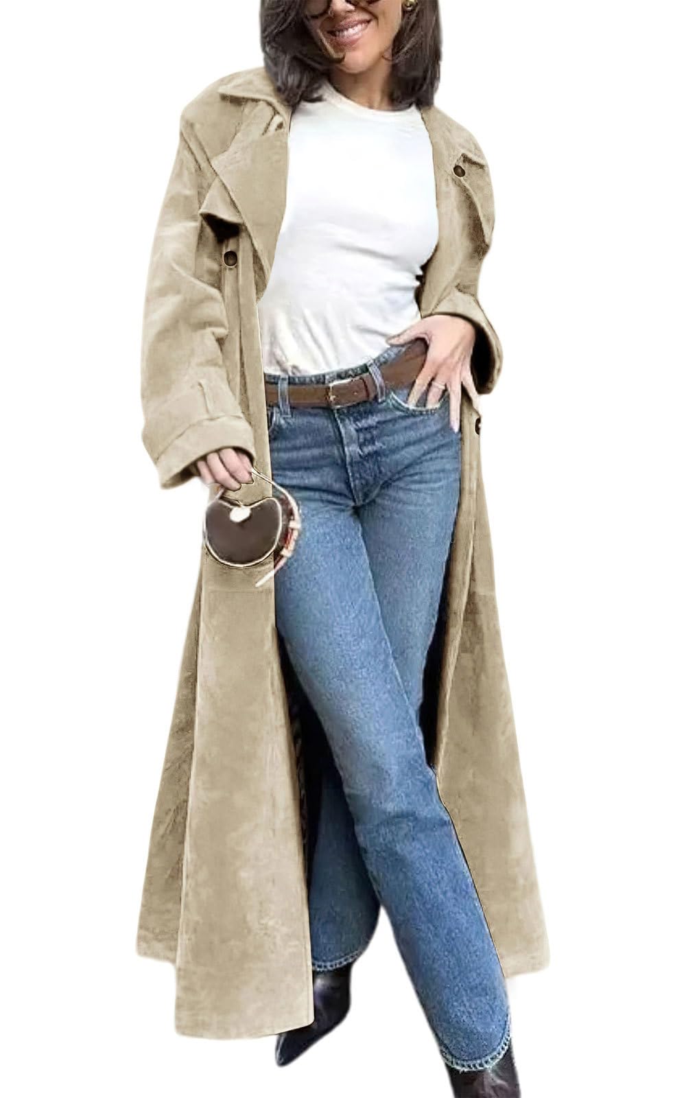 ebossy Women's Fashion Faux Suede Open Front Long Trench Coat Notched Lapel Double Breasted Maxi Overcoat with Belt (L, Light Khaki)