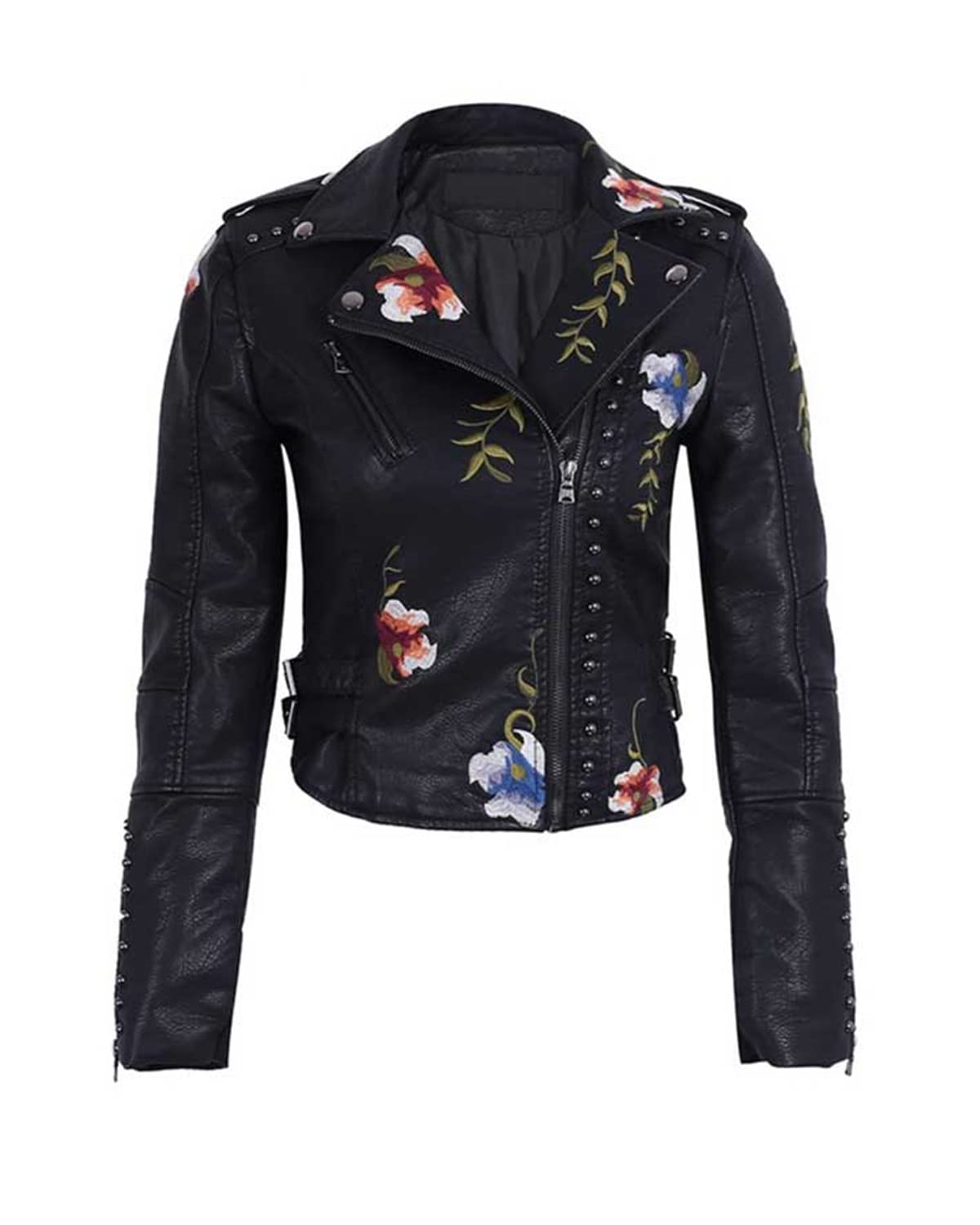 YILANUOYI Women's Embroidered Studded Faux Leather Jacket Moto Punk Jacket Floral Coat (XXL, XHPY Black)