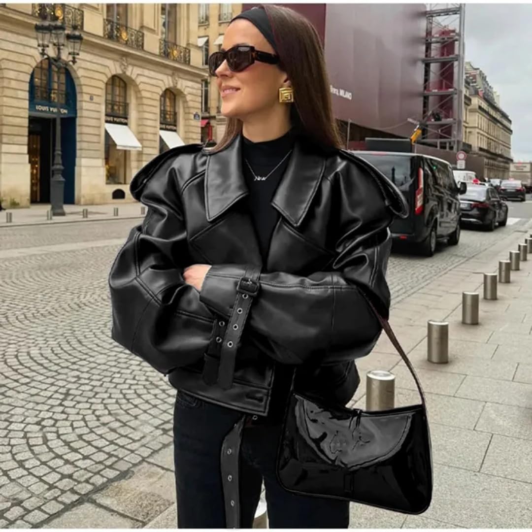 THLAI Womens PU Leather Jacket Long Sleeve Retro Collar Motorcycle Jacket Casual Coat
