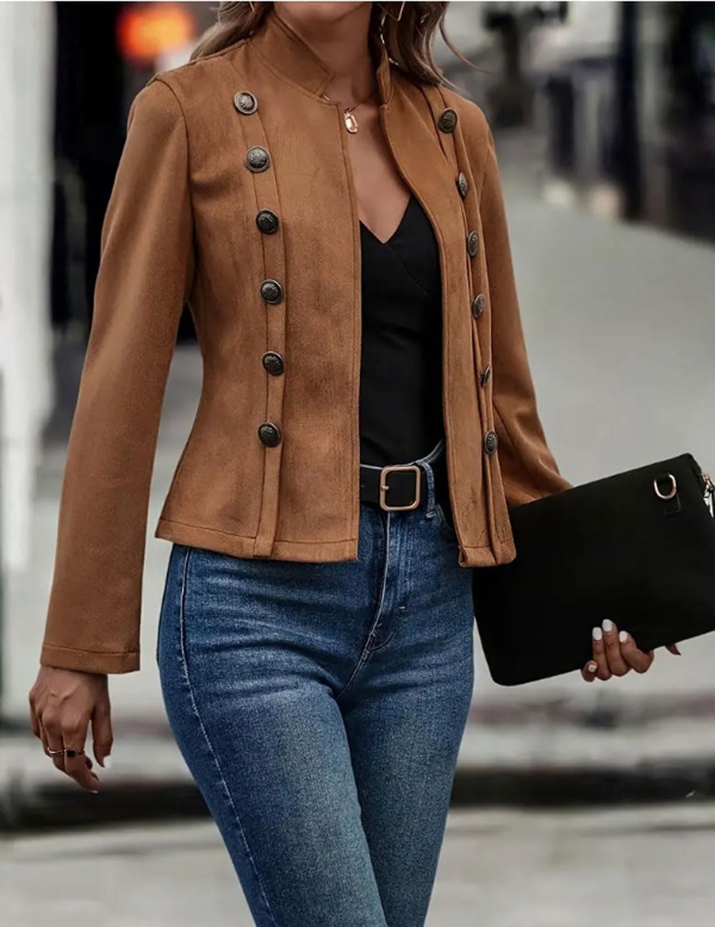 utcoco Women's Faux Suede Leather Jacket Casual Long Sleeve Blazer Jacket Coat 2025 Fall Outfits (Medium, Brown)