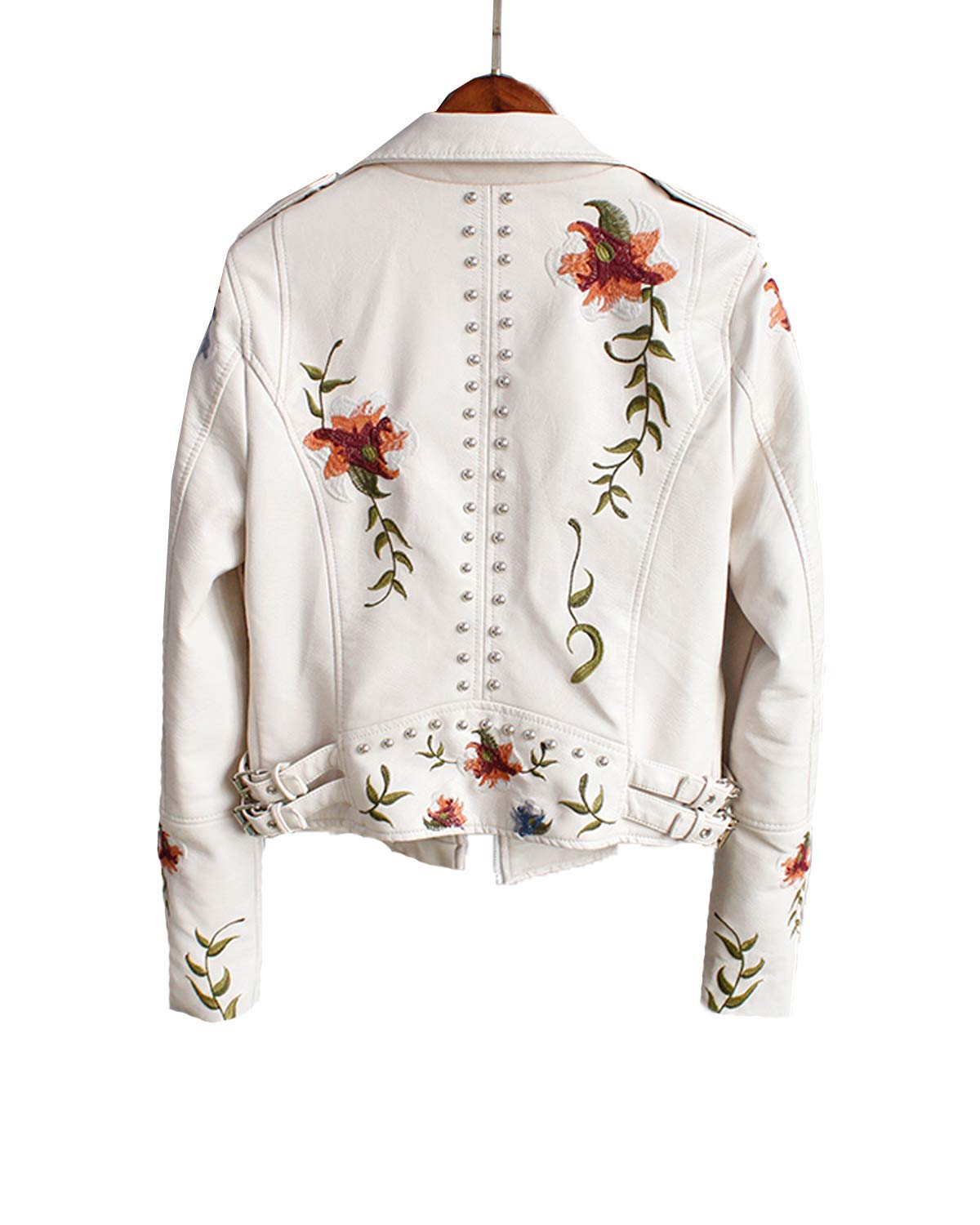LY VAREY LIN Women's Floral Embroidered Faux Leather Moto PU Jacket Coat (L, Beige)