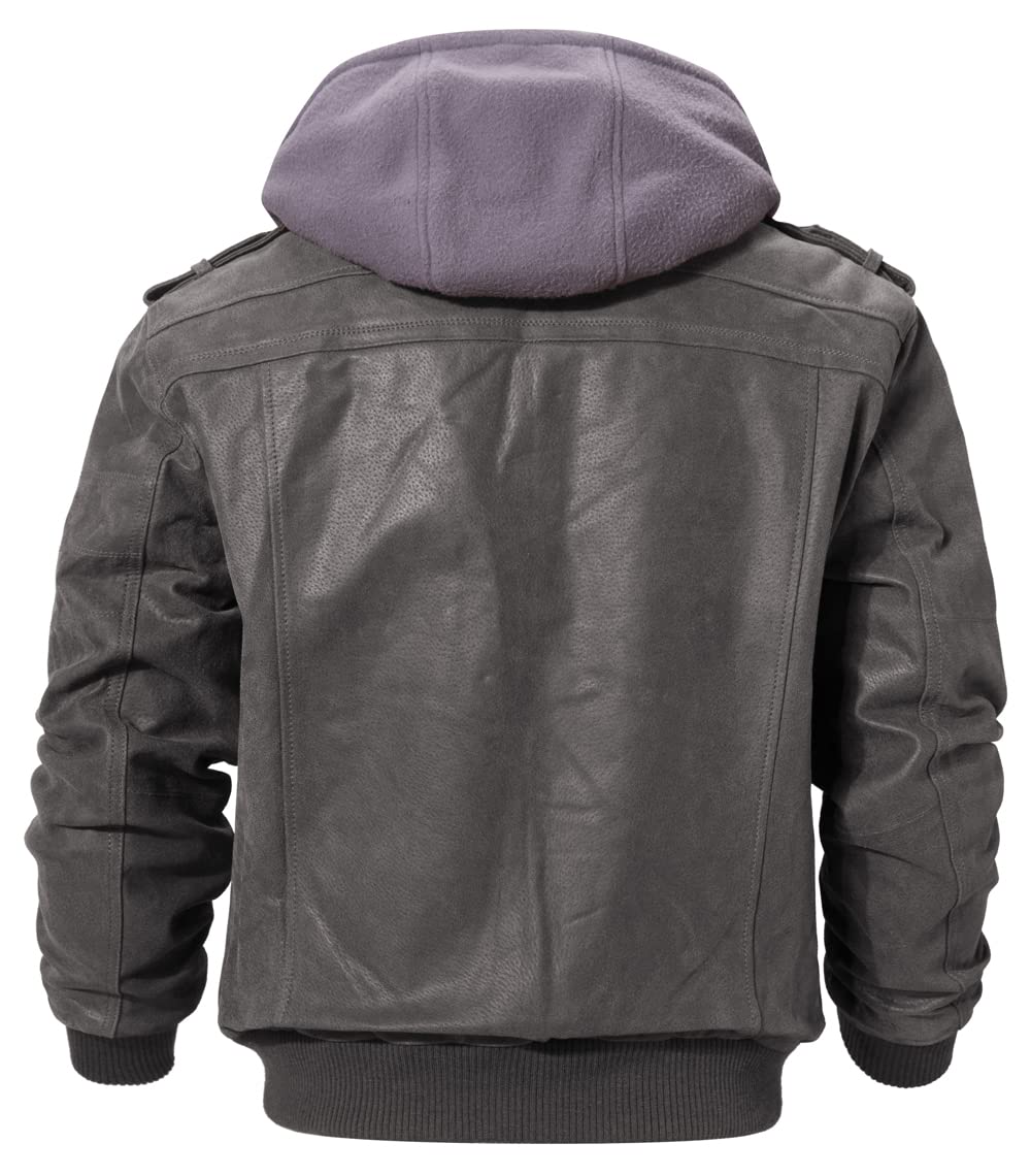 FLAVOR Men Brown Leather Motorcycle Jacket with Removable Hood (Large, Gray)