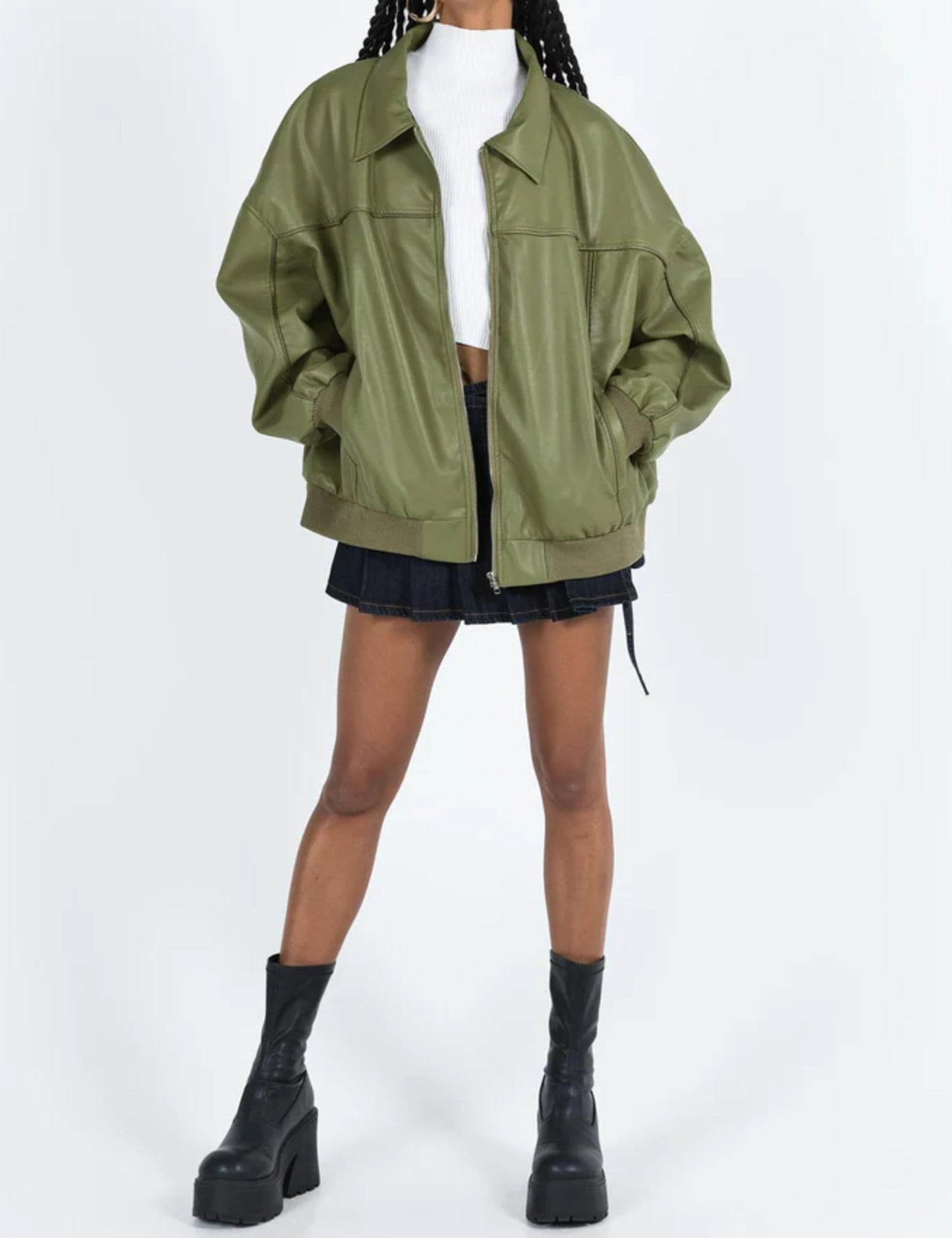 EsheSy Women's Oversized Leather Jacket Faux Suede Boyfriend Motorcycle Full Zip Bomber Jacket(Green-S)