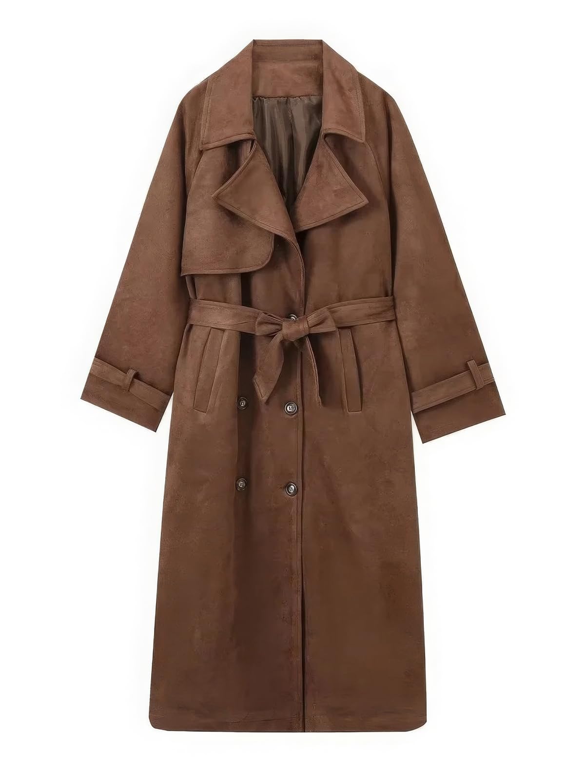 ebossy Women's Fashion Faux Suede Open Front Long Trench Coat Notched Lapel Double Breasted Maxi Overcoat with Belt (L, Brown)
