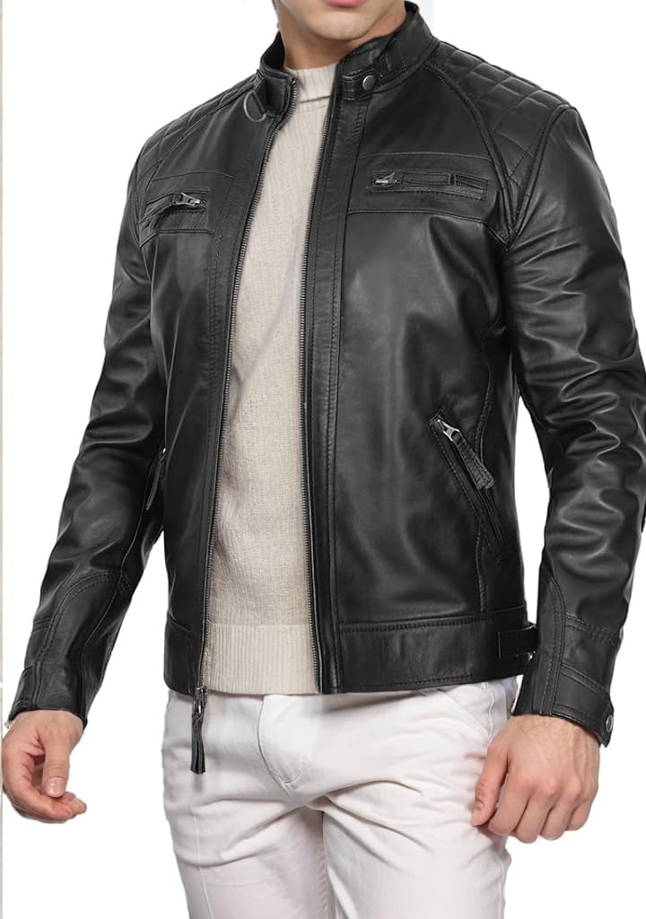 Men's Black Genuine Lambskin Leather Biker Jacket VINTAGE REAL MOTORCYCLE JACKETS FOR MEN (US, Alpha, Medium, Regular, Regular, UBLACK)