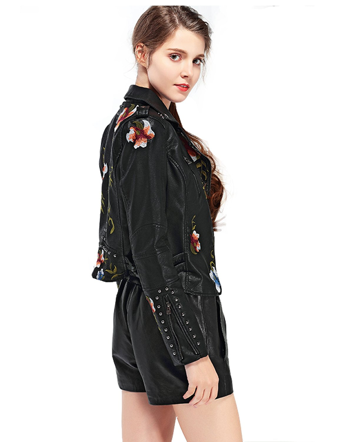 LY VAREY LIN Women's Floral Embroidered Faux Leather Moto PU Jacket Coat (L, Black)