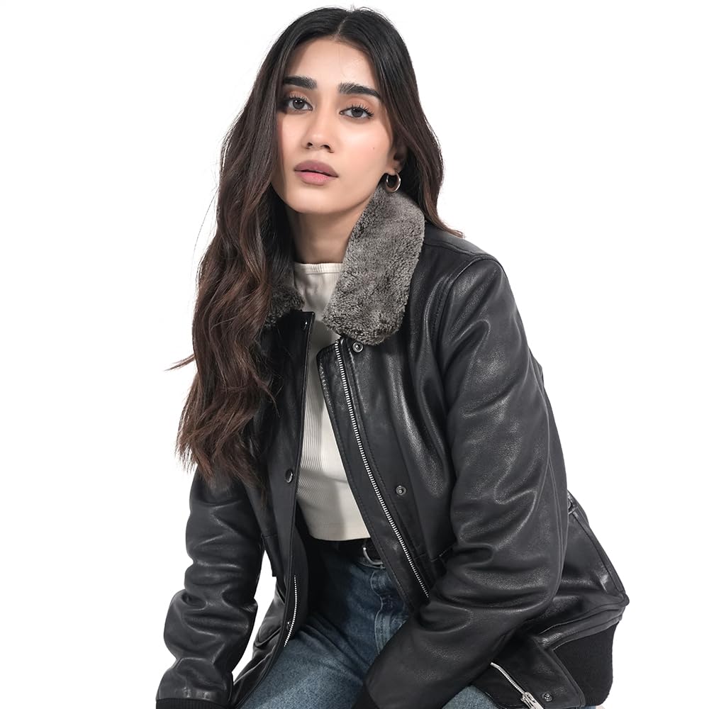 STREGA Women's Lambskin Leather Bomber Jacket – Detachable Snow Top Faux Fur Collar, Polyester-Insulated Lining | Genuine Leather Aviator Jacket Women with Warm Winter Comfort | Black – Medium