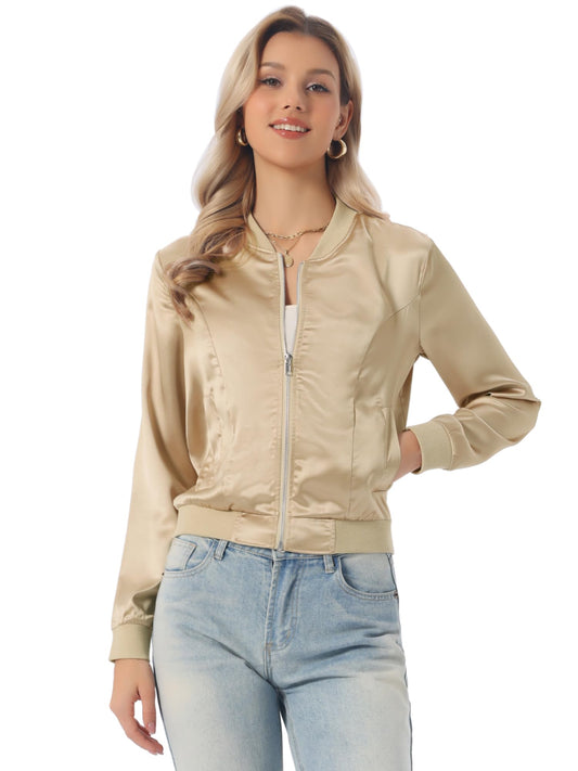 Allegra K Women's Bomber Jacket Satin Long Sleeve Zipper Floral Print Casual Fall Coat with Pocket Winter Outwear X-Large Champagne