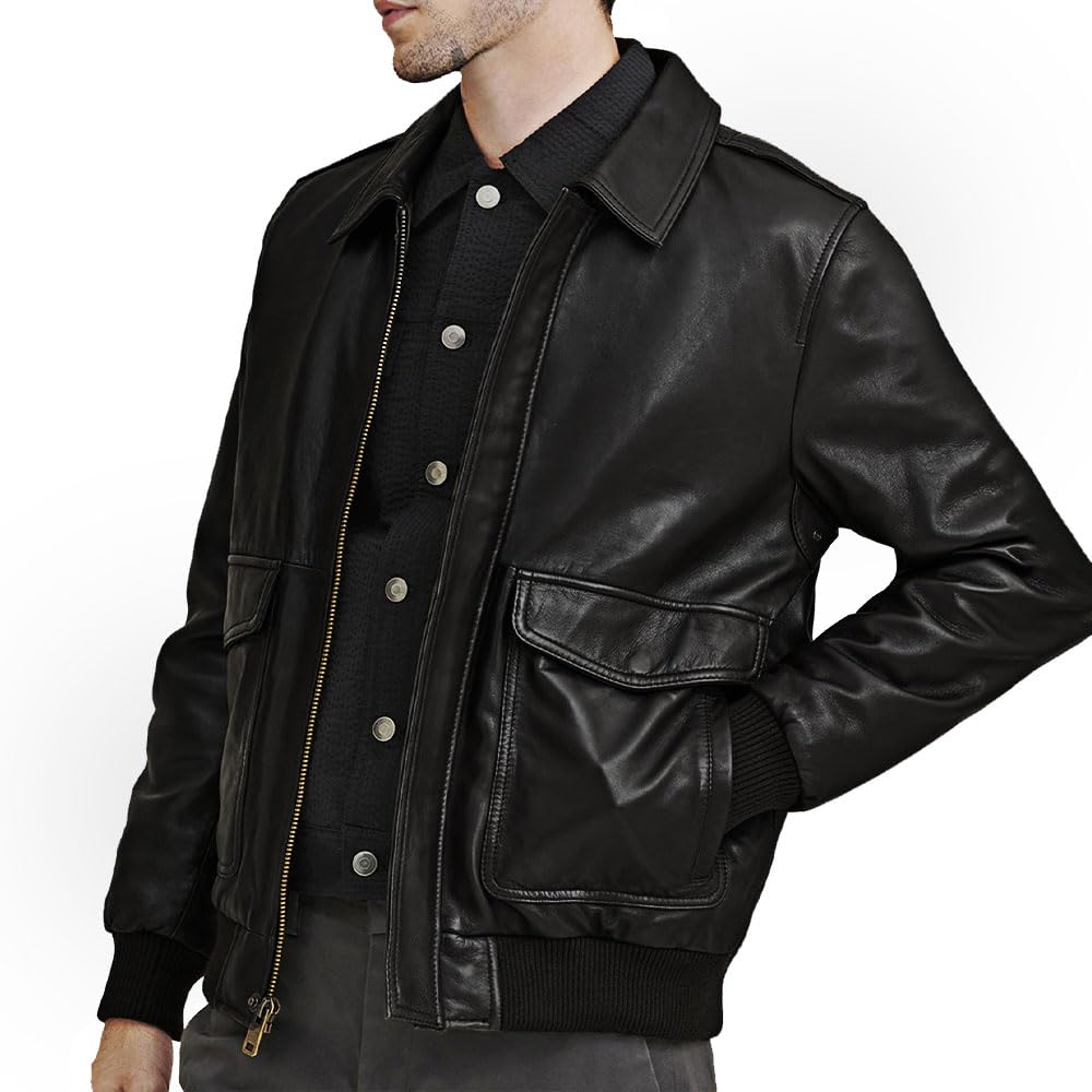 Crafter Men's Classic A2 Aviator WWII Flying Tiger Leather Jacket - Pilot Bomber Leather Jacket With Shirt Collar For Men (US, Alpha, Large, Regular, Regular, Black)